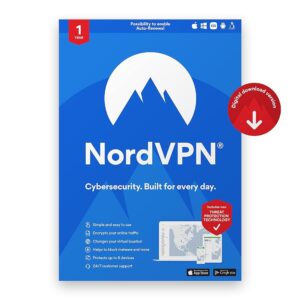 NordVPN Standard - 1-Year VPN & Cybersecurity Software Subscription For 6 Devices - Block Malware, Malicious Links & Ads, Protect Personal Information | PC/Mac/Mobile | Activation Code via Email [Online Code]