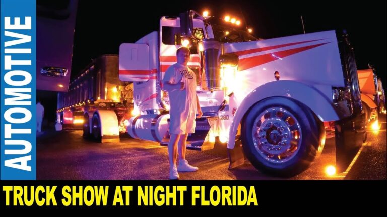 Truck show at night many illuminated trucks running powerful engines | Jarek in Wildwood Florida USA