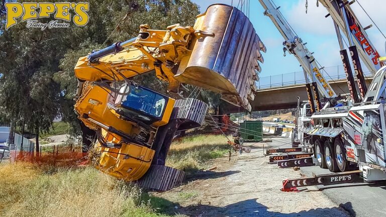 Huge Excavator Rollover Accident Off Freeway!